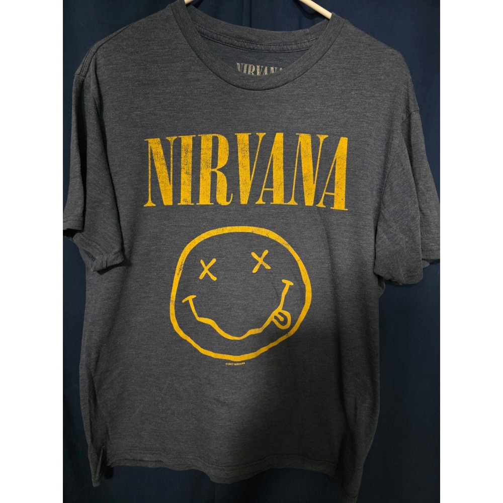 Nirvana Smiley Face Graphic Tee Shirt Mens Large Gray Heathered Cotton Blend
